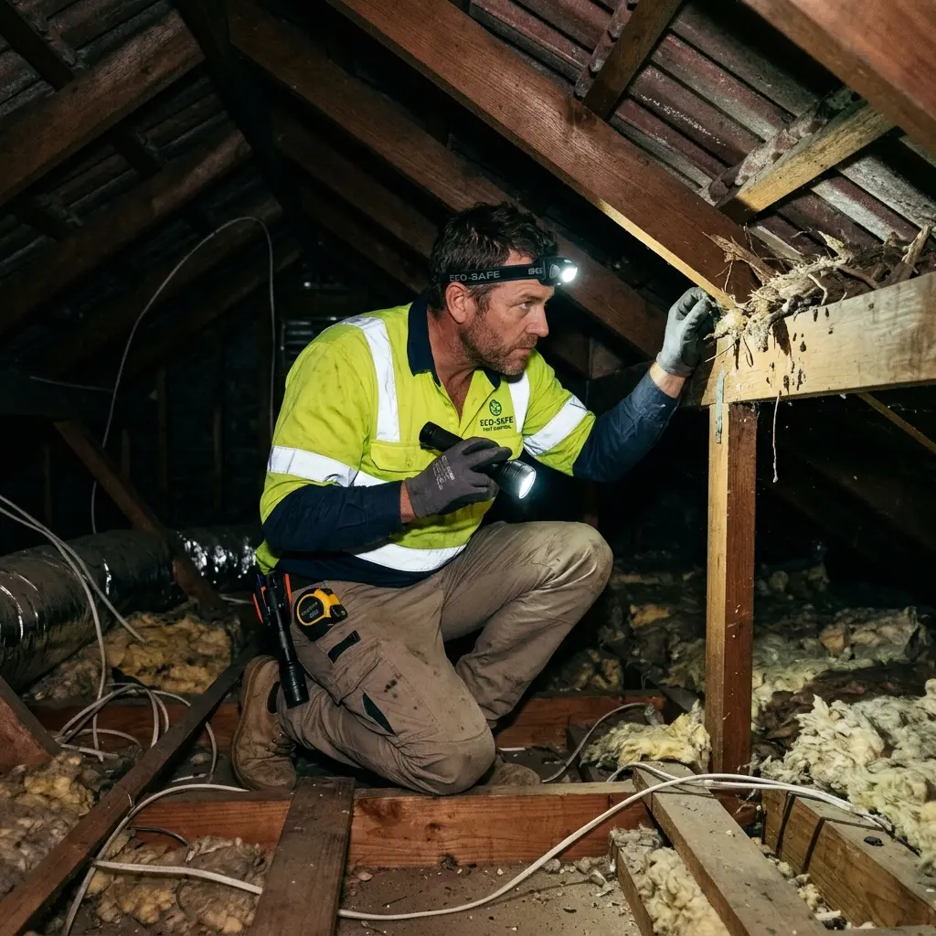 Technician inspecting a roof cavity for a dead animal in Toolangi